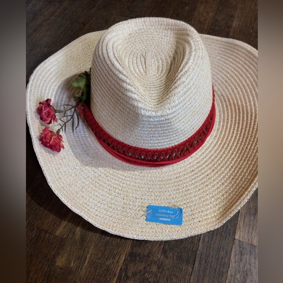 Accessories - NEW! Upcycled Ruxpinsrags Desert Rose Straw Wide-Brim Sun Hat with Red Band